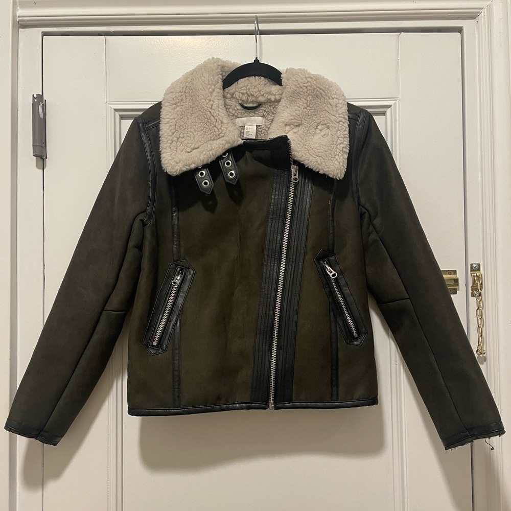 H&M Shearling Lined Green Suede Jacket